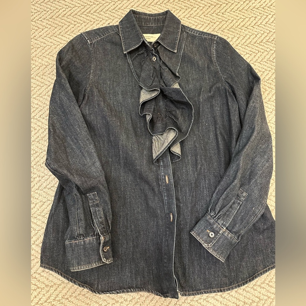 Luxe Max Mara Denim Ruffle Button-Up Shirt
